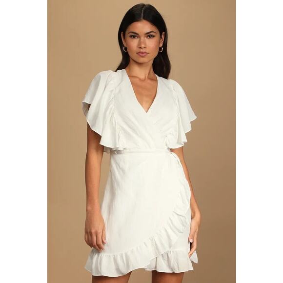 Lulu's Cute Confidence White Ruffled Faux-Wrap Mini Dress Size XL NWT - Picture 2 of 16